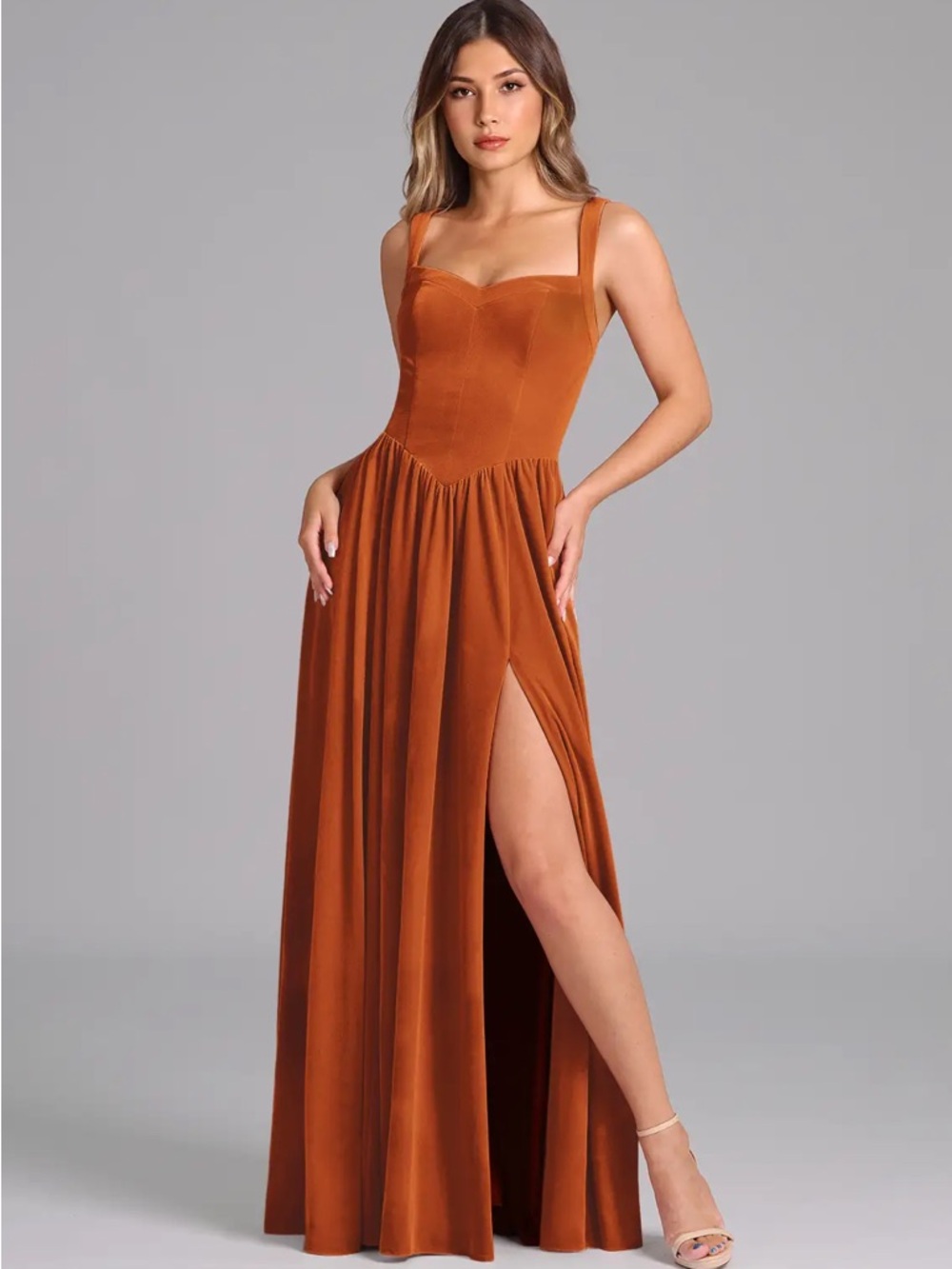 Azazie Rust Orange velvet corset bridesmaids Dress with Sweetheart Bodice